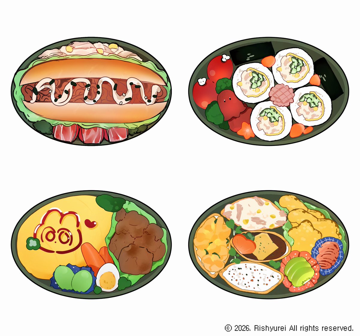 rishyurei's tweet photo. 마지막 도시락까지 완성되었다!!!!
카캿!!! 어때, 엄청 맛있어 보이지? 
다음에는 꼭 이런 도시락을 만들어보이겠어!
🍀🥀
#artㅤㅤㅤㅤ https://t.co/esx8Q2ACxQ