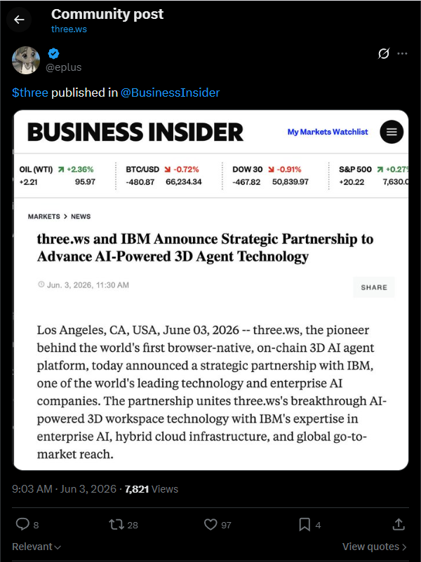 adlows's tweet photo. 1/4
solana:FeMbDoX7R1Psc4GEcvJdsbNbZA3bfztcyDCatJVJpump

Why are we larping being in @WSJ &amp; @BusinessInsider?

I don't know who this @eplus dude is but the official @trythreews replied to his post perpetuating his larp. 

He is also somehow followed by the dev. https://t.co/SdzZ5MefKf