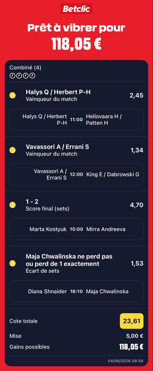 BlueHouseBets's tweet photo. ♠️♥️ COTE @23 - FUN BET♠️♥️ 🎰

🇫🇷 Q. Halys / 🇫🇷 P. Herbert @2.45

🇮🇹 Vavassori / 🇮🇹 Errani @1.34

🇷🇺 Andreeva 2-1 @4.7 😮‍💨

🇵🇱 Chwalinska gagne 1 set @1.54 💰

Petite pièce, big return 🚀❤️

#RolandGarros #TeamParieur https://t.co/CdSdIZM8D5