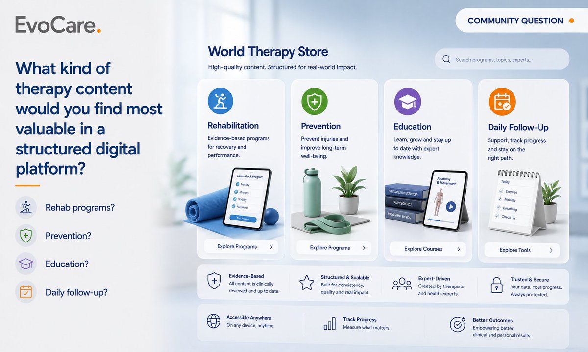 Telemedizin's tweet photo. What kind of therapy content would you find most valuable in a structured digital platform?

Rehab programs?
Prevention?
Education?
Daily follow-up?

#EvoCare #DigitalHealth
