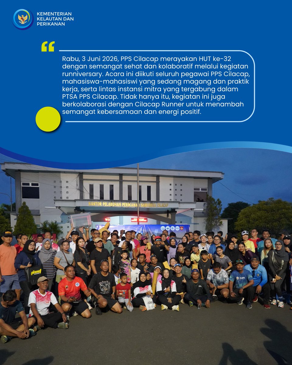 ppscilacap's tweet photo. "Runniversary HUT ke-32 PPS Cilacap 🏃‍♂️✨ Langkah sehat, semangat positif, dan kebersamaan! Selamat ulang tahun, semoga terus maju &amp; berjaya bagi perikanan Indonesia. 🇮🇩⚓" https://t.co/0zPsRV9OzO
