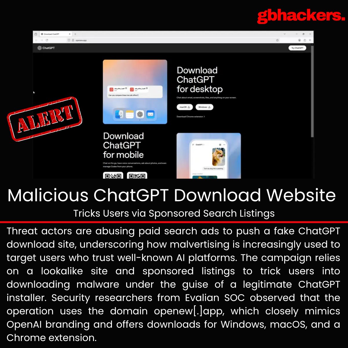 gbhackers_news's tweet photo. 🚨 Malicious ChatGPT Download Website Tricks Users via Sponsored Search Listings | Source: https://t.co/G2w1bePwXY #cybersecuritynews https://t.co/GiJ1eccsMy