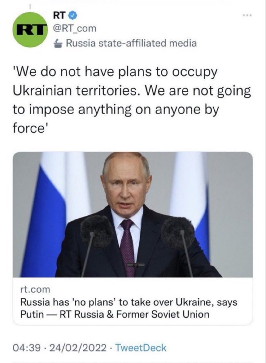 HotSotin's tweet photo. Russia always lies - RT tweeted this 2 hours before the full scale invasion of Ukraine https://t.co/GaW3mSphGH