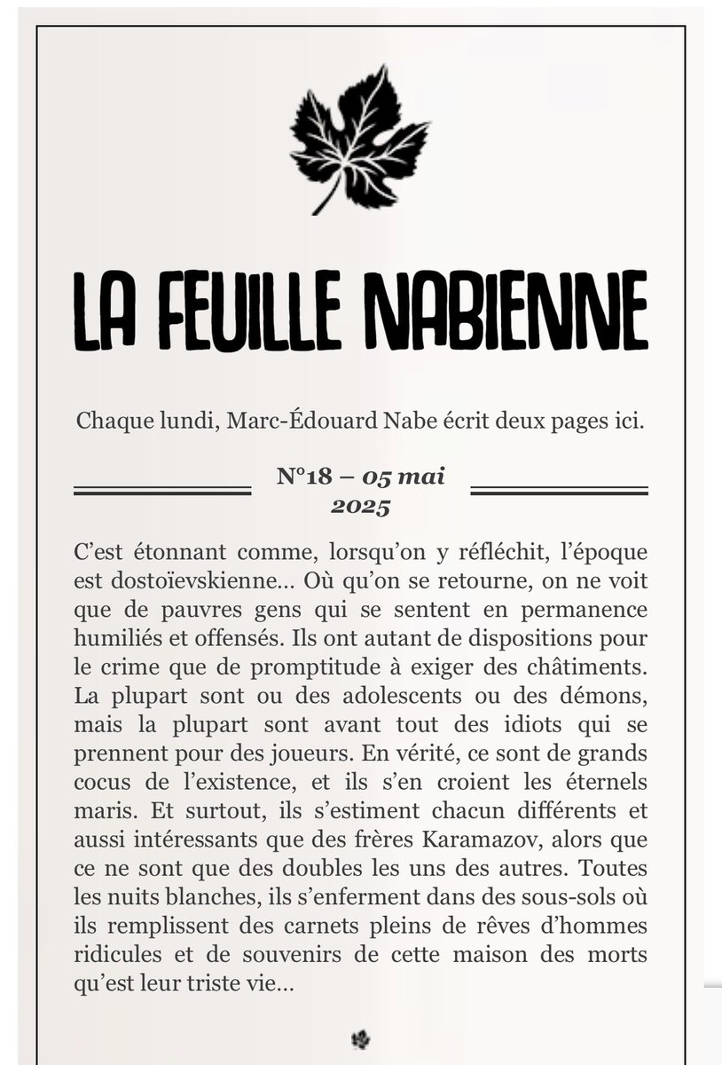 MaxGratpanche's tweet photo. @GrandeLibrairie Si vous voulez un authentique travail littéraire sur Dostoïevski et notre époque, lisez plutôt https://t.co/j52H7TeXum Extrait de la Feuille n° 18 : https://t.co/T4gX14jGYy