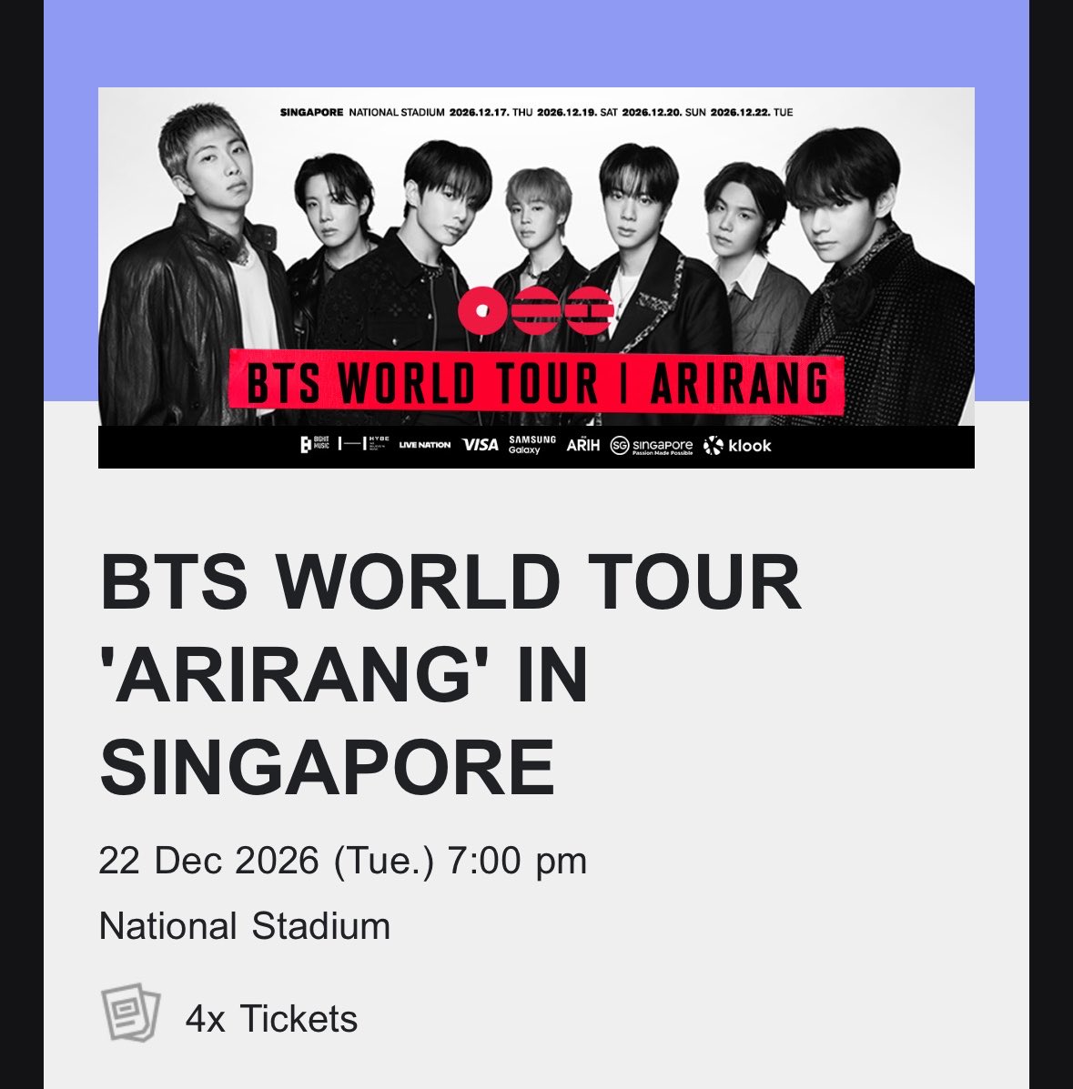 joeyeo_'s tweet photo. WTS 1x BTS Singapore Arirang Concert Ticket
Date: 22 December, 7pm
Section 433, Row K

I’m going as well so will be beside you, can enter together if need! 

#BTS_ARİRANG https://t.co/6sHhld5zJc