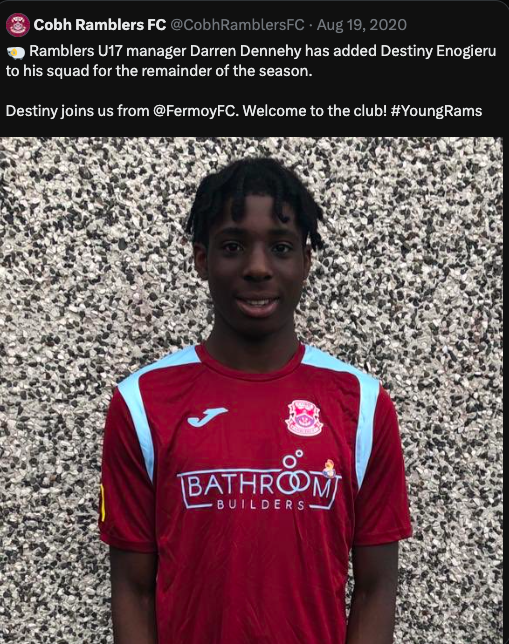 Stern_Radio's tweet photo. @gavpepper85 The Grafton Street Stabber. Cobh Ramblers introduced a diversity footballer during the COVID-19 lockdown in 2020. Cobh Ramblers have now deleted this post. https://t.co/0bUOI2fuzH