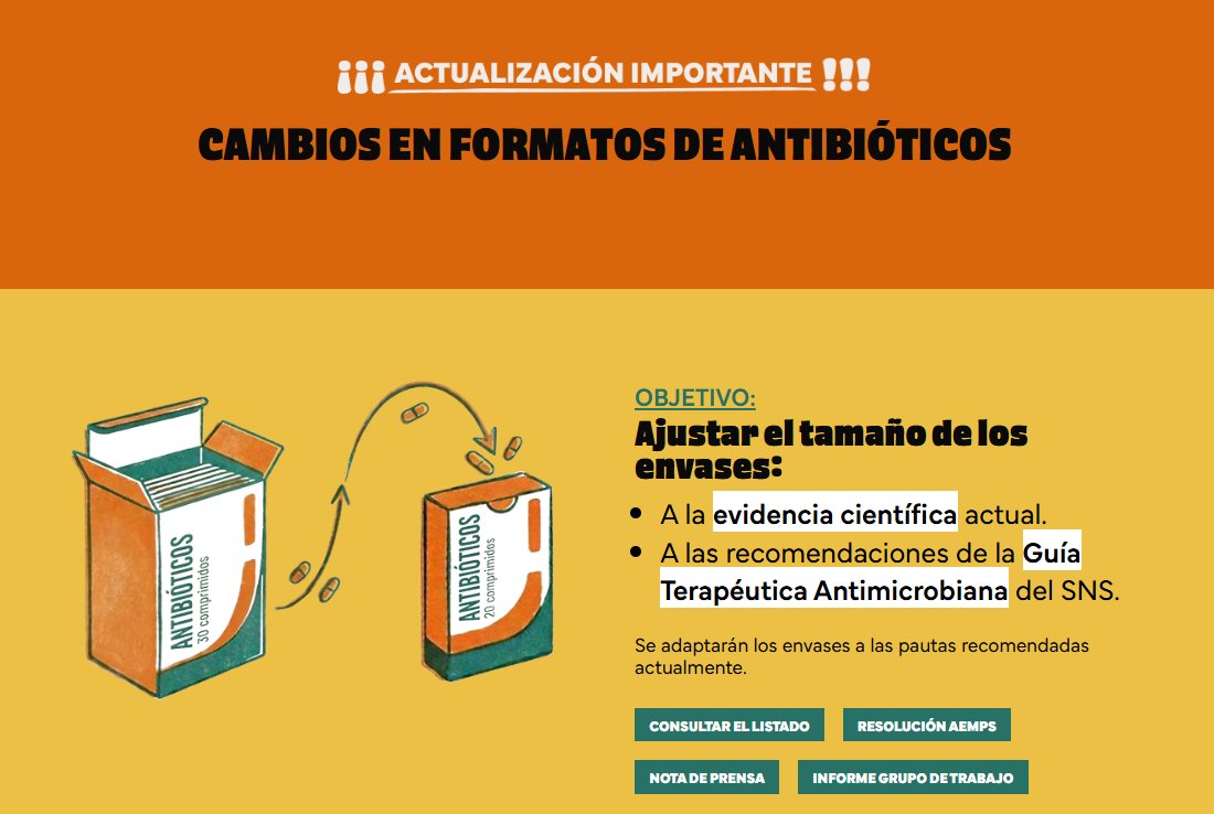 PRANgob's tweet photo. 📢 Cambios en formatos de algunos antibióticos

La @AEMPSGOB adapta los envases a la duración real de los tratamientos:
✅ Menos sobrantes
✅ Menos automedicación
✅ Uso más responsable
✅ Ayuda a controlar aparición resistencias
👉 https://t.co/EnkHjCjdqM

#FormatosAntibióticos https://t.co/Ne3Ur7bxPY