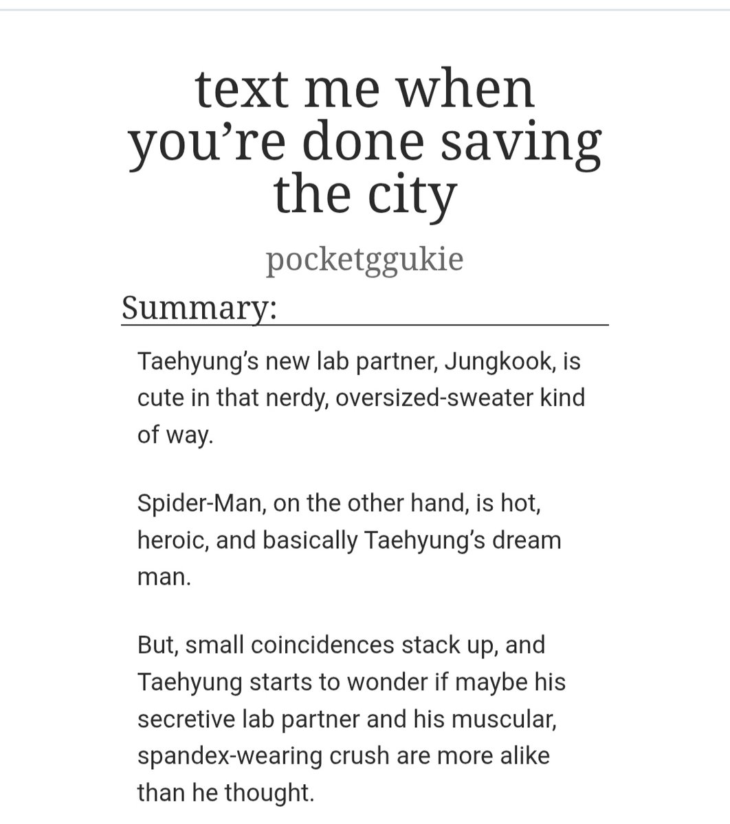 gugutetestar's tweet photo. #starec  

#taekookau

ᕗ text me when you’re done saving the city
  — @pocketggukie

• explicit, complete | 21k 
• spidey kook 
• student th , quiet jk
• strength kink, light angst 

🔗 https://t.co/3EzWtUK0V1 https://t.co/QYVDpCtGaN