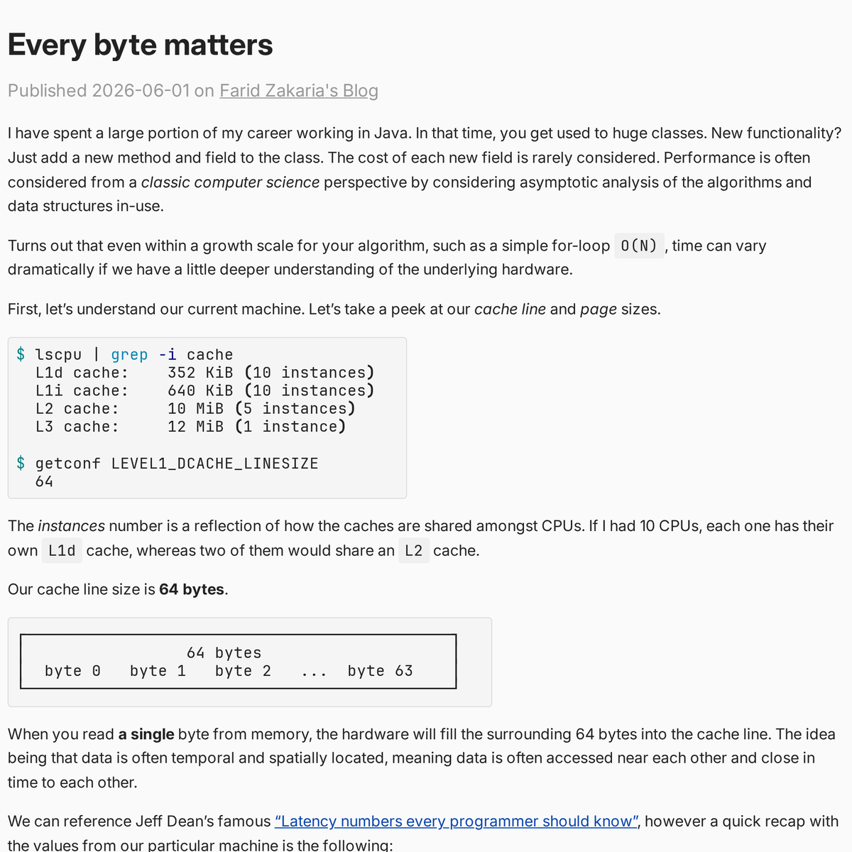 ddavidddev's tweet photo. lscpu says 352KiB L1d, 10MiB L2, 12MiB L3 shared. cache line is 64 bytes. every single byte access pulls a full cache line. now go look at your struct padding https://t.co/u9QOEPdWxJ