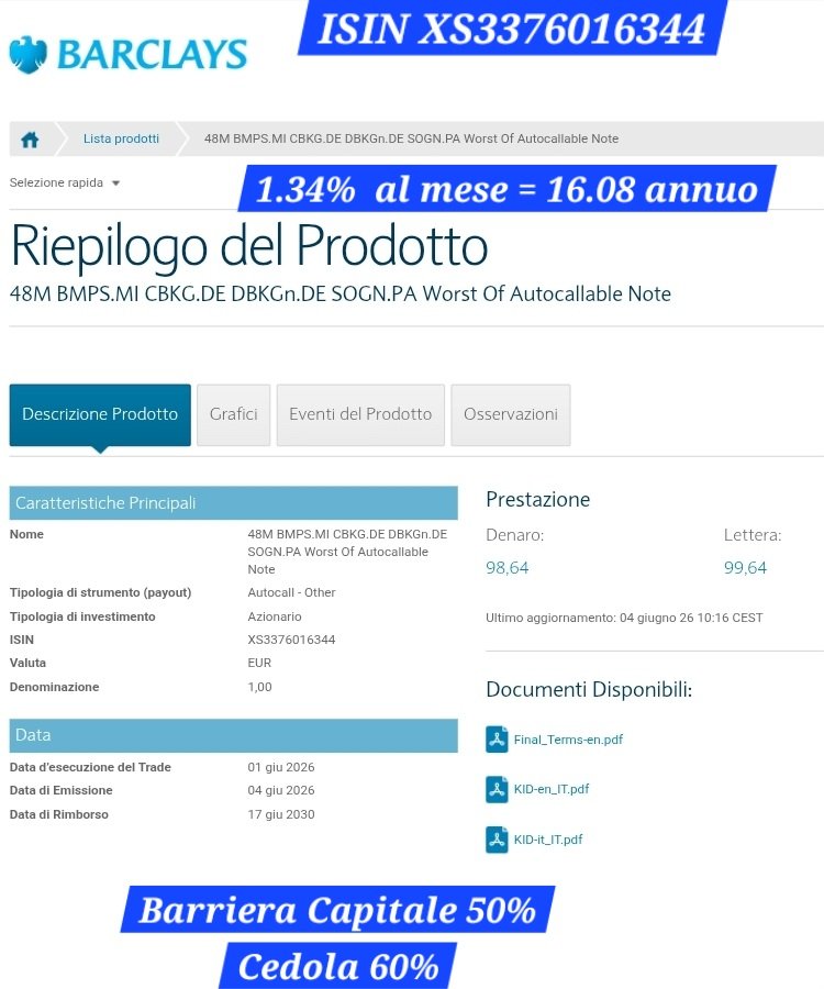 RE_DI_DIVIDENDI's tweet photo. Questo mi piace con il rialzo dei tassi in vista..
Bella cedola, autocall lontano. Tutte big banks 16.08% annuo.
I #Dividendi delle banche sono già stati staccati.
#MPS #commerzbank #DeutscheBank
https://t.co/YzMia32E1G
#societegenerale #bce #certificati #certificates #marex https://t.co/NNqgM8Exnq