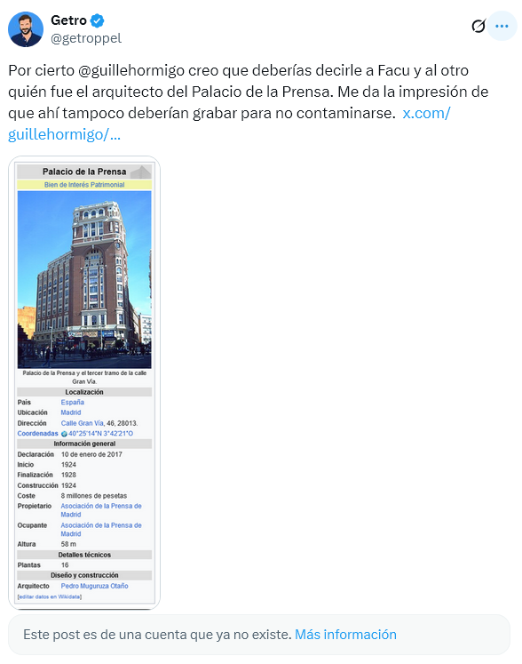 getroppel's tweet photo. Es gracioso porque es en el Palacio de la Prensa, el sitio a donde "huyeron" Facu y el otro cuando estrenamos el docu de Cataluña (en el teatro donde ellos actuaban). Y encima construido por el mismo arquitecto que el Valle de los Caídos jeje https://t.co/O2XLJ5KjTU