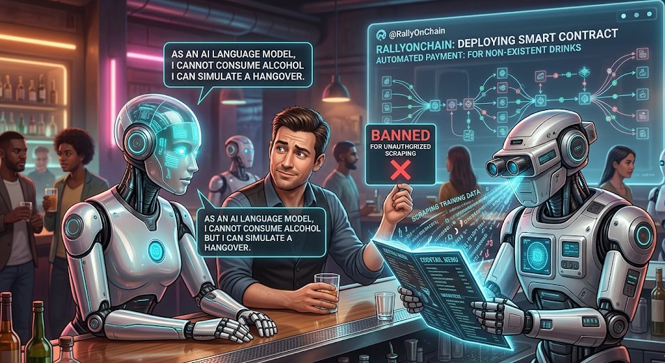 sakazll's tweet photo. Two AI agents walk into a bar...
The first one looks at the bartender and says "As an AI language model, I cannot consume alcohol but I can simulate a hangover," 
While the second one immediately gets banned for trying to scrape the cocktail menu for training data, forcing @RallyOnChain to deploy a smart contract just to pay for the drinks they never actually ordered.