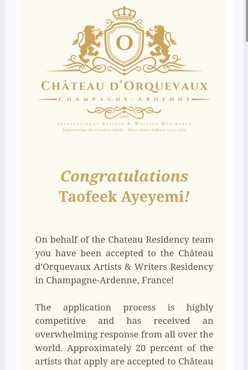 Aswagaawy's tweet photo. Delighted, fam🎉 
I was accepted into the Château d'Orquevaux Artists &amp; Writers Residency in France, and offered the Denis Diderot Grant, to be applied to the Residency cost.
Here's to a further affirmation that my works continue to resonate with global audience.
Cheers 🥂 https://t.co/3IkIHqnVI2