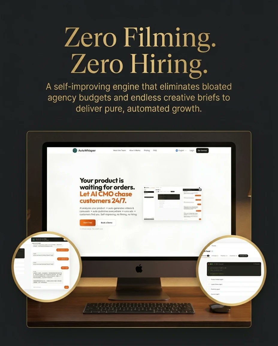 JiangShin's tweet photo. Stop paying the agency tax. AutoWhisper is a fully autonomous AI CMO running silently in the background 24/7. No filming, no hiring, just customers. https://t.co/JTrDGJW8Qd