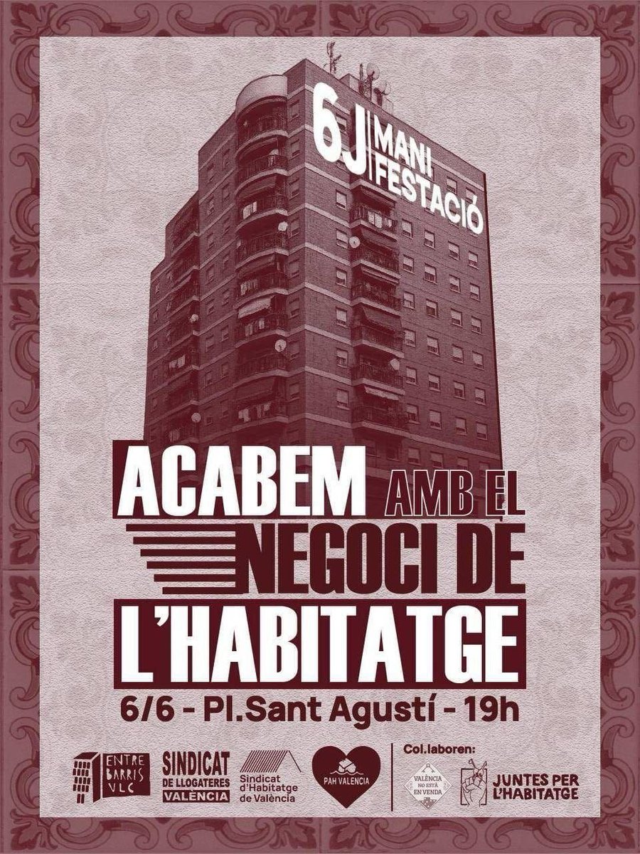 CNT_Valencia's tweet photo. 🏠HABITATGE | Aquest dissabte MANIFESTACIÓ #6J per a acabar amb el negoci de l'habitatge

❌Contra l'especulació
❌Contra la turistificació que ens expulsa dels barris

Pel dret a un habitatge digne✅

🕖A les 19h
📌 Plaça San Agustí https://t.co/DLY1CMtuMi