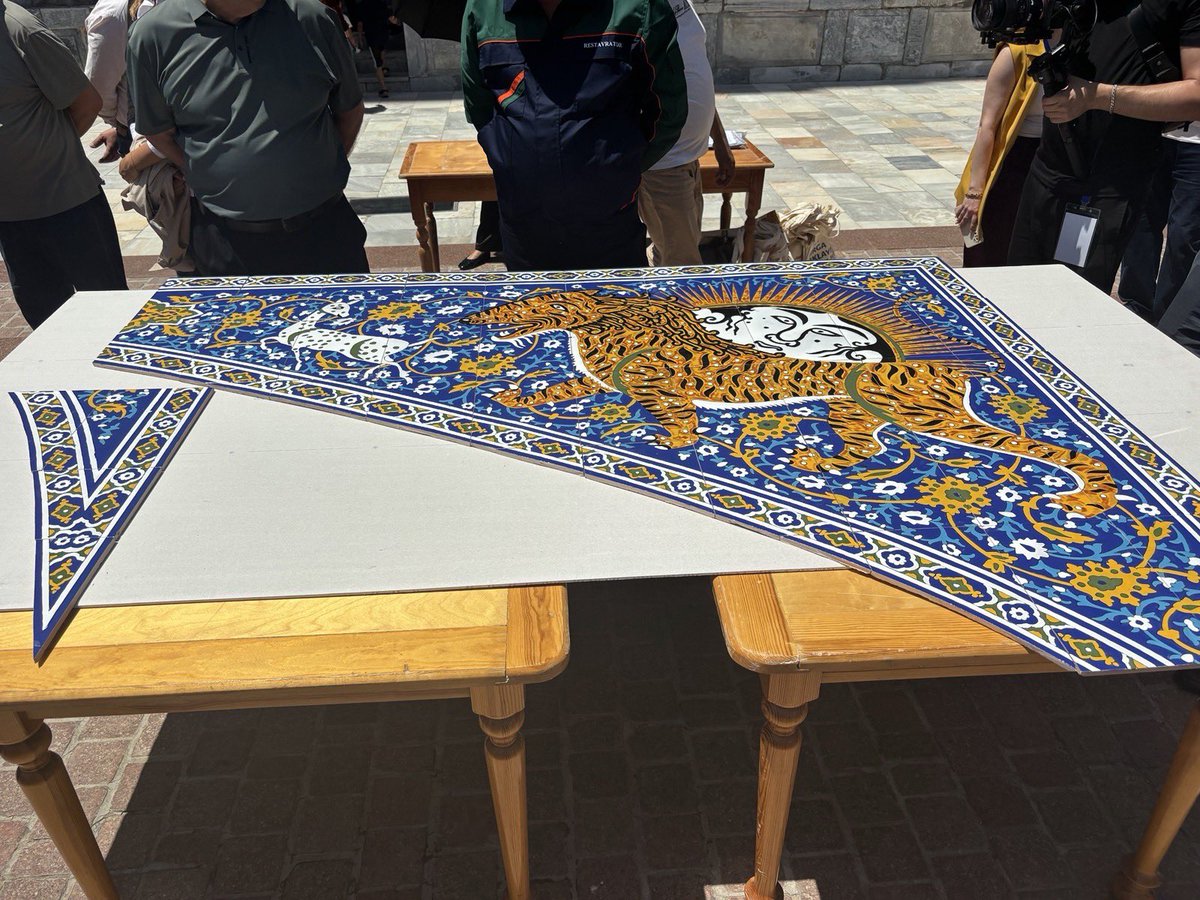 UnderSecPD's tweet photo. Samarkand is as old as Rome, and was the most far-flung place conquered by Alexander the Great.  For a millennium, it was one of the richest crossroads on the Silk Road.  The artwork at the Sher-Dor complex (seen here) embeds Zoroastrian forms, including this mosaic of a tiger, ringed by the sun, chasing a gazelle.  I’m told this represents the ravenous pursuit of knowledge.