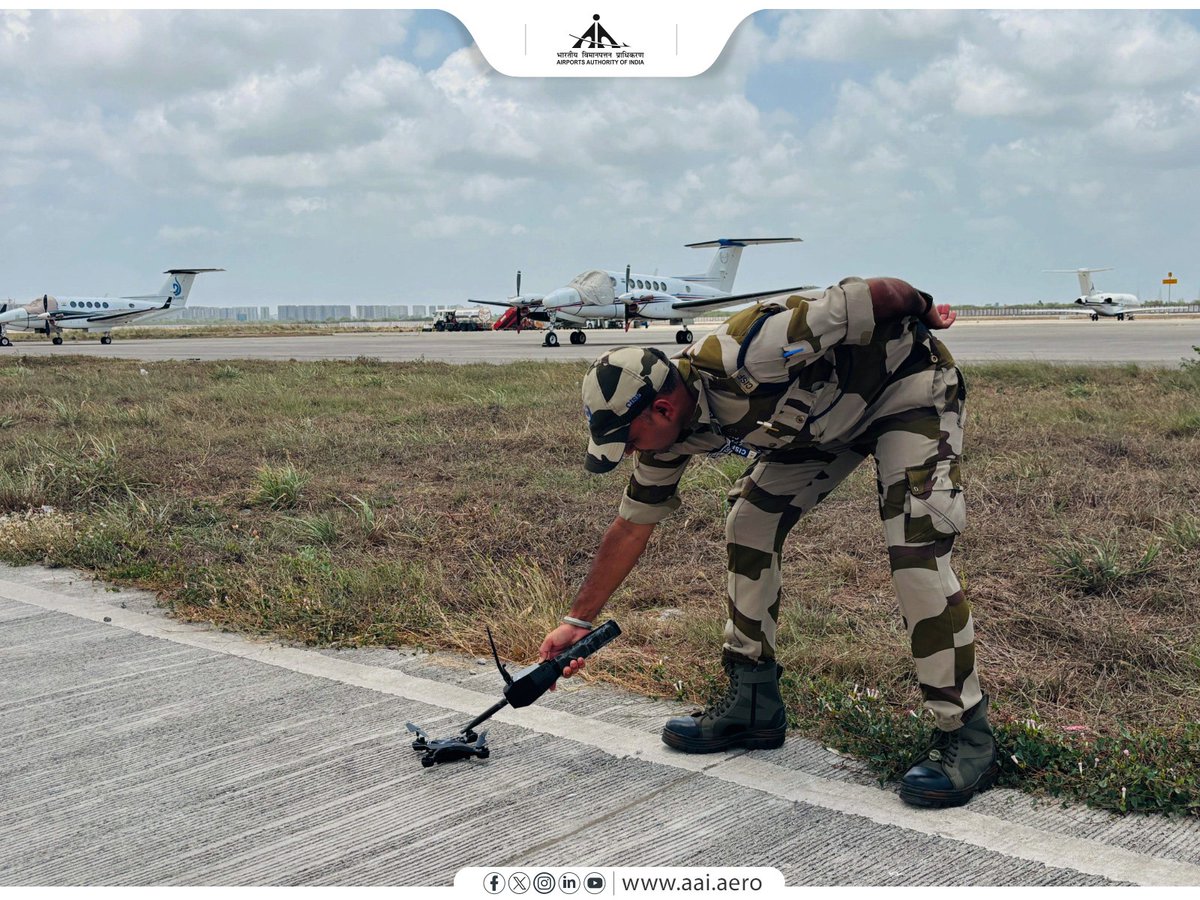 AAI_Official's tweet photo. AAI's Surat Airport @aaistvairport recently conducted a ‘Multi-Agency Crisis Management Mock Exercise’ based on a Sub-Conventional Aerial Threat/UAV/Rogue Drone scenario in coordination with all concerned stakeholders.

The exercise witnessed active participation from @CISFHQrs, AAI, ATC, Local Police, Surat Municipal Corporation and Airlines, enabling stakeholders to assess response readiness, streamline coordination and strengthen operational capabilities against evolving aerial threats. The exercise concluded with a debriefing session to assess response effectiveness and reinforce preparedness for UAV and rogue drone-related incidents.