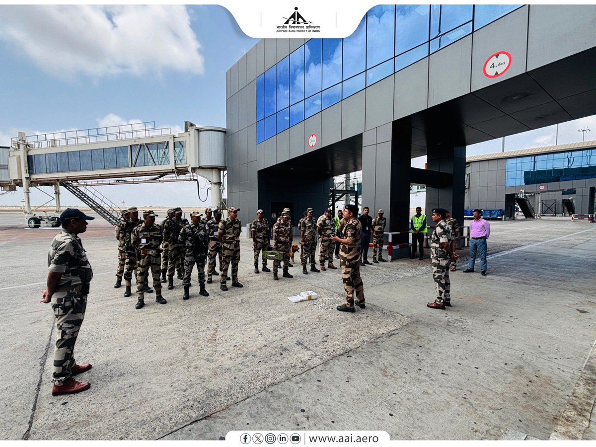 AAI_Official's tweet photo. AAI's Surat Airport @aaistvairport recently conducted a ‘Multi-Agency Crisis Management Mock Exercise’ based on a Sub-Conventional Aerial Threat/UAV/Rogue Drone scenario in coordination with all concerned stakeholders.

The exercise witnessed active participation from @CISFHQrs, AAI, ATC, Local Police, Surat Municipal Corporation and Airlines, enabling stakeholders to assess response readiness, streamline coordination and strengthen operational capabilities against evolving aerial threats. The exercise concluded with a debriefing session to assess response effectiveness and reinforce preparedness for UAV and rogue drone-related incidents.