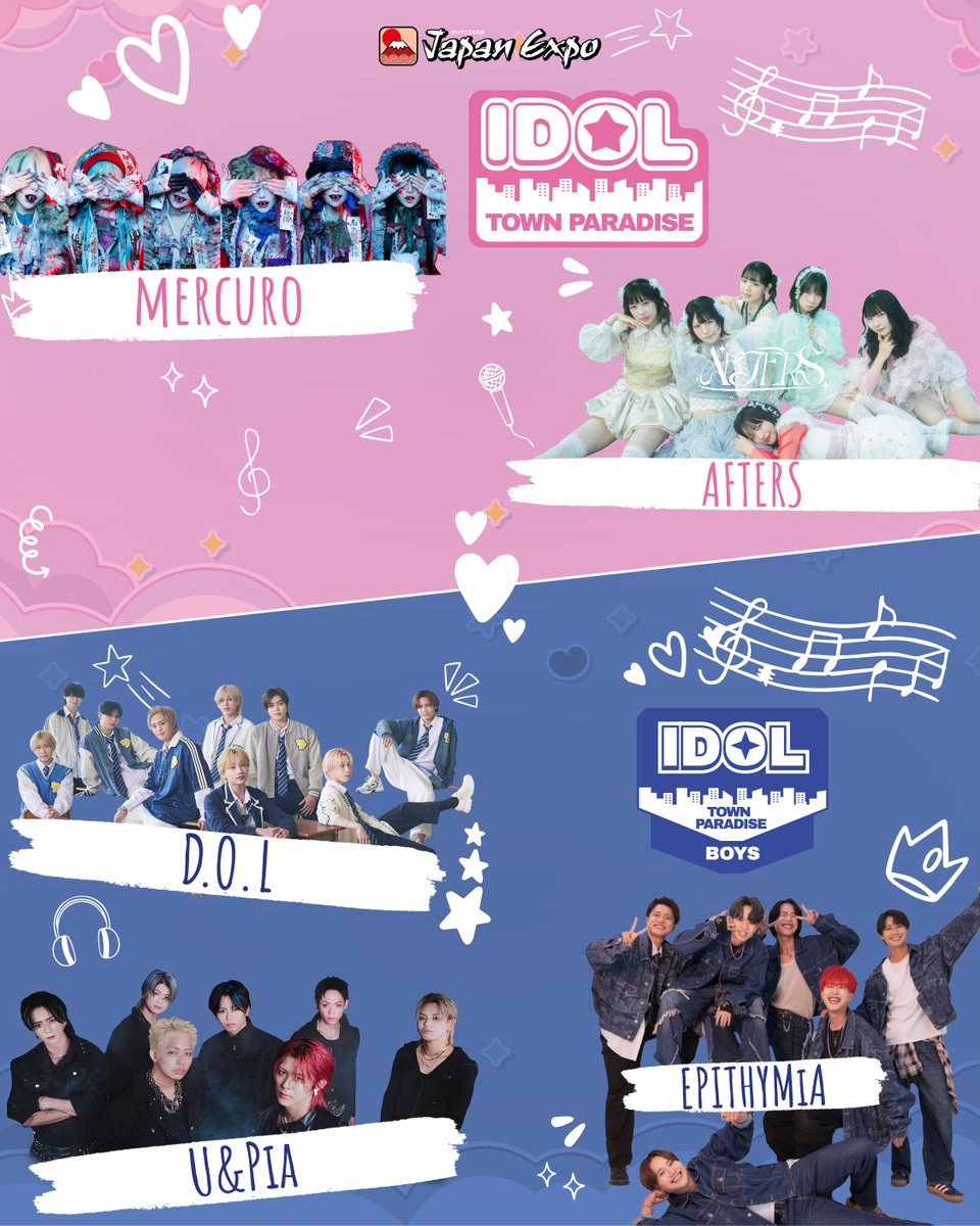 japanexpo's tweet photo. Les idols vous donnent rendez-vous à Japan Expo avec IDOL TOWN PARADISE 🌴☀️

Showcases, dédicaces, Meet & Greets & photos : ne manquez pas l'occasion de passer des moments privilégiés avec @uandpiaofficial, @AFTERS_INFO, @dol_loud , @epithymia_ofcl & @mercuro_info  🥰

👉 https://t.co/EzHKg2fjn9