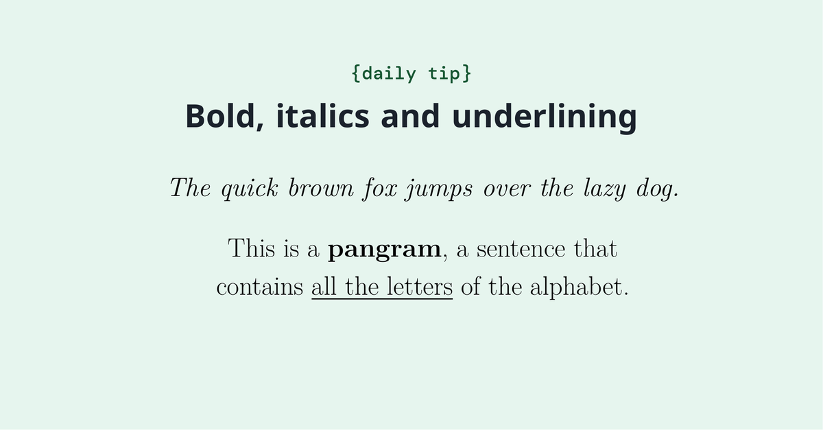 overleaf's tweet photo. You easily make your text italic, bold or underlined, highlighting important concepts of your documents. Check it out how to do it. https://t.co/6etvEQrjtC https://t.co/t0bmwnhbG8