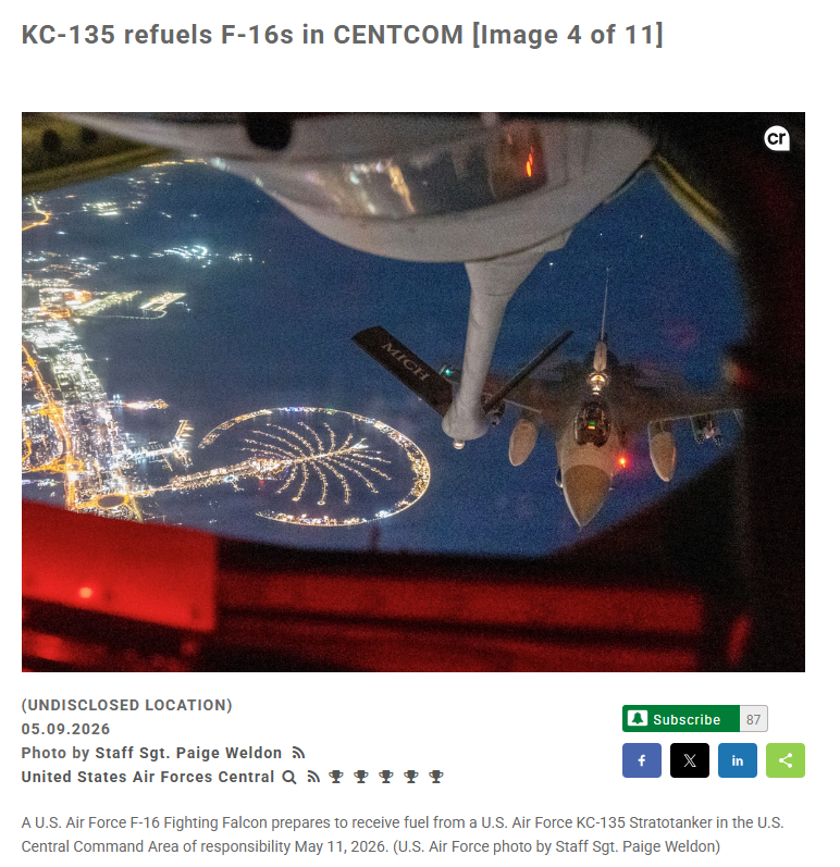lara_korte's tweet photo. CENTCOM has released this photo of an F-16 refueling in an "undisclosed location." https://t.co/OPxK0EZkXs