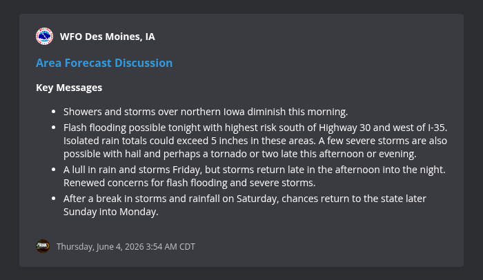 IowaWXNetwork's tweet photo. Area Forecast Discussion from WFO Des Moines, IA @ 6/4/2026 3:54 AM https://t.co/vog6svlOz6 #iawx https://t.co/dGNkGbLsui