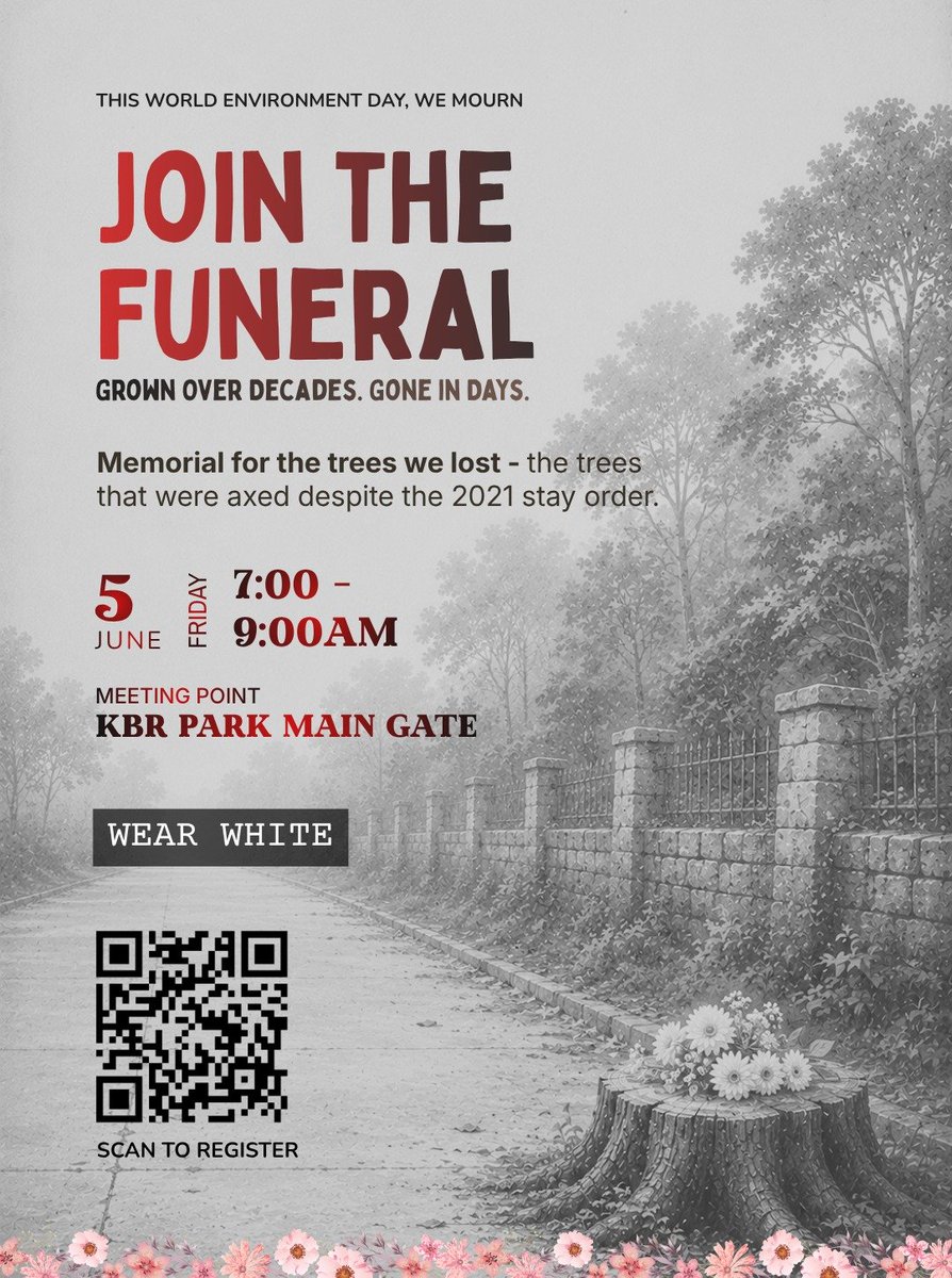 CitizensForHyd's tweet photo. This World Environment Day, Hyderabad will not celebrate while its last green lung is being destroyed. 🌳

We will mourn the trees that stood for decades and were axed in days — despite the 2021 HC stay order.

Join us for a memorial walk and silent funeral for the trees lost around KBR National Park. Wear white. Bring your conscience.

📍 KBR Park Main Gate
🗓 5 June | 7–9 AM

Because when a city loses its trees, it slowly loses its soul too.

#SaveKBR #WorldEnvironmentDay #Hyderabad #NowForClimate #ClimateAction #SaveEarth