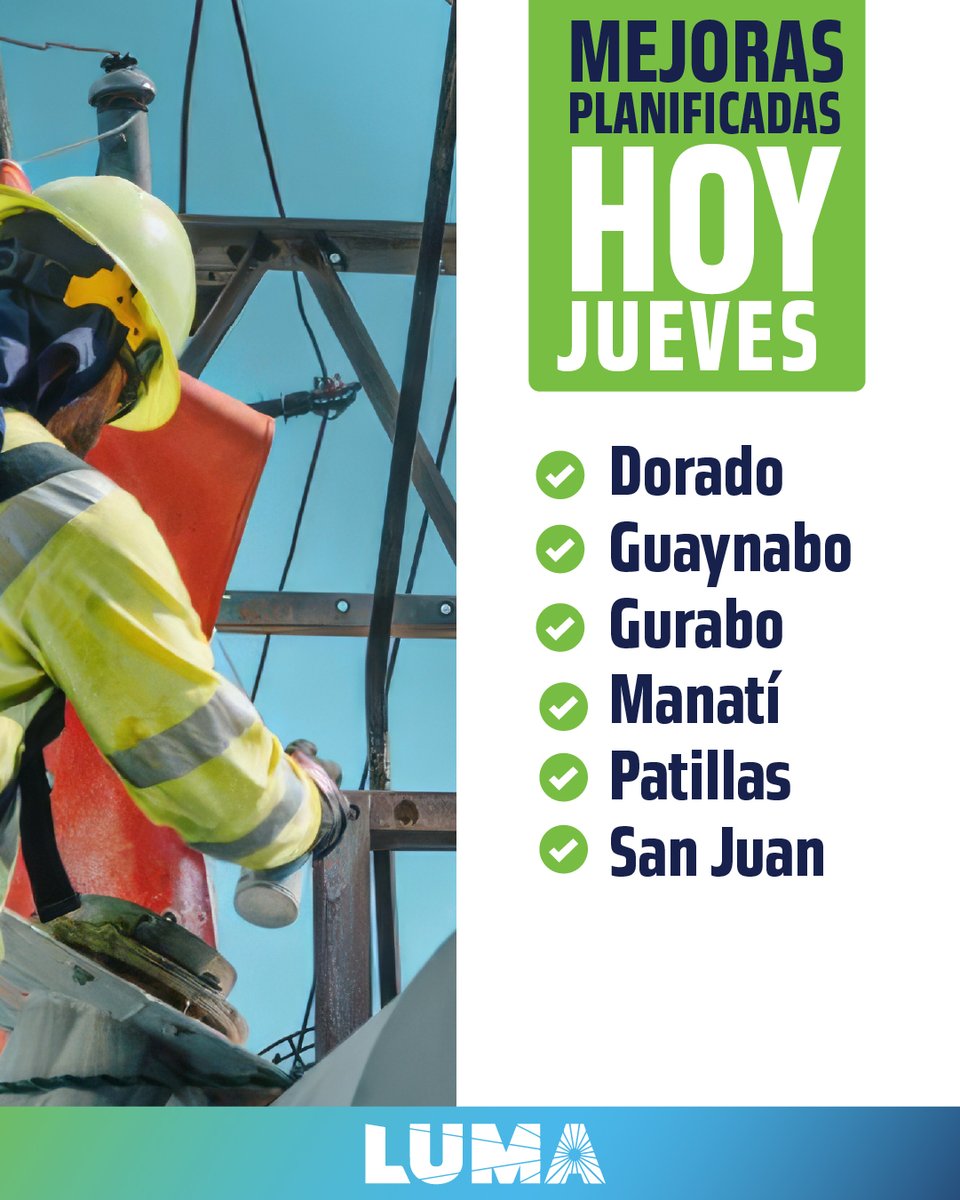 lumaenergypr's tweet photo. Avanzamos con trabajos programados en toda la isla para reforzar y transformar el sistema eléctrico. Estas mejoras fortalecen la confiabilidad del servicio, aunque podrían provocar interrupciones temporeras. 

Revisa las mejoras de hoy: https://t.co/BVWgifSx36 

#LUMA #MejorasPlanificadas #Infraestructura