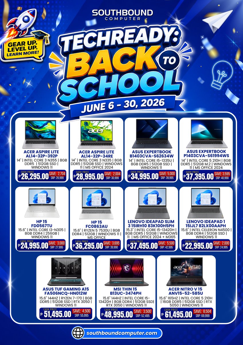 southboundcomp's tweet photo. 𝐁𝐀𝐂𝐊 𝐓𝐎 𝐒𝐂𝐇𝐎𝐎𝐋 𝐍𝐀! 𝐑𝐄𝐀𝐃𝐘 𝐊𝐀𝐍𝐀 𝐁𝐀?
Ready na ba ang school essentials mo?
Kung kailangan mo ng laptop para sa klase, printer para sa projects, o desktop para sa mas productive na setup, ito na ang sign mo para mag-upgrade! https://t.co/LPplTCg67d