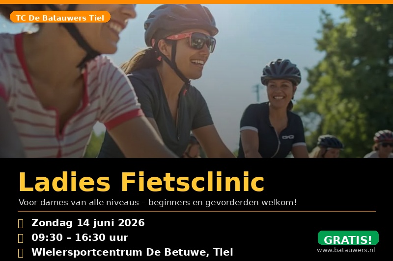 VisitTiel's tweet photo. 🚴‍♀️ Ladies, opgelet! Op zondag 14 juni 2026 organiseert TC De Batauwers Tiel een superleuke dag speciaal voor jullie: de Ladies Fietsclinic! Dus, zin om samen te trappen en een fijne dag te hebben? 👉 https://t.co/Ub6KAbhbyy
#uitintiel #visittiel #ladiesfietsclinic 🚴‍♀️✨ https://t.co/9TBVTee5Nc