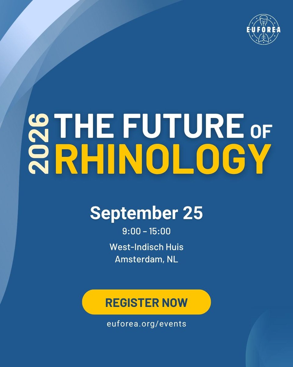 euforea's tweet photo. 🚀 Registration is now open for The Future of Rhinology Symposium!
 
Join 150 European rhinologists and a world-class faculty in Amsterdam on 25 September 2026 to discuss the future of rhinology and celebrate the retirement of Professor Wytske Fokkens.
 
📩 Register: rhinology@amsterdamumc.nl
 
#Rhinology #ENT #MedicalEducation #EUFOREA