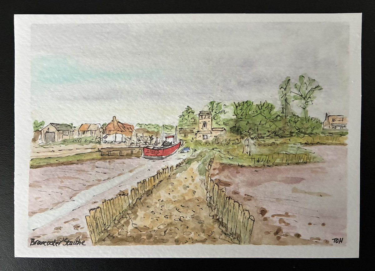 timohare's tweet photo. For my #art practice this morning I've had another play with my #watercolour first, #ink second approach and created this postcard-sized picture of #BrancasterStaithe in #Norfolk. It seems like I'm underway with a new series of paintings which I will call 'Norfolk Postcards'! https://t.co/OnxQrzwpmy