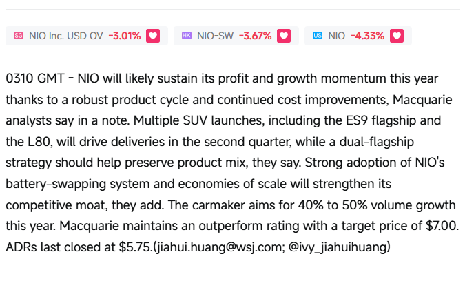 Klp168's tweet photo. Macquarie: Strong adoption of NIO's battery-swapping system and economies of scale will strengthen its competitive moat. Maintains an outperform rating with a target price of $7.00
(FWIW) https://t.co/C64N4H3l0N