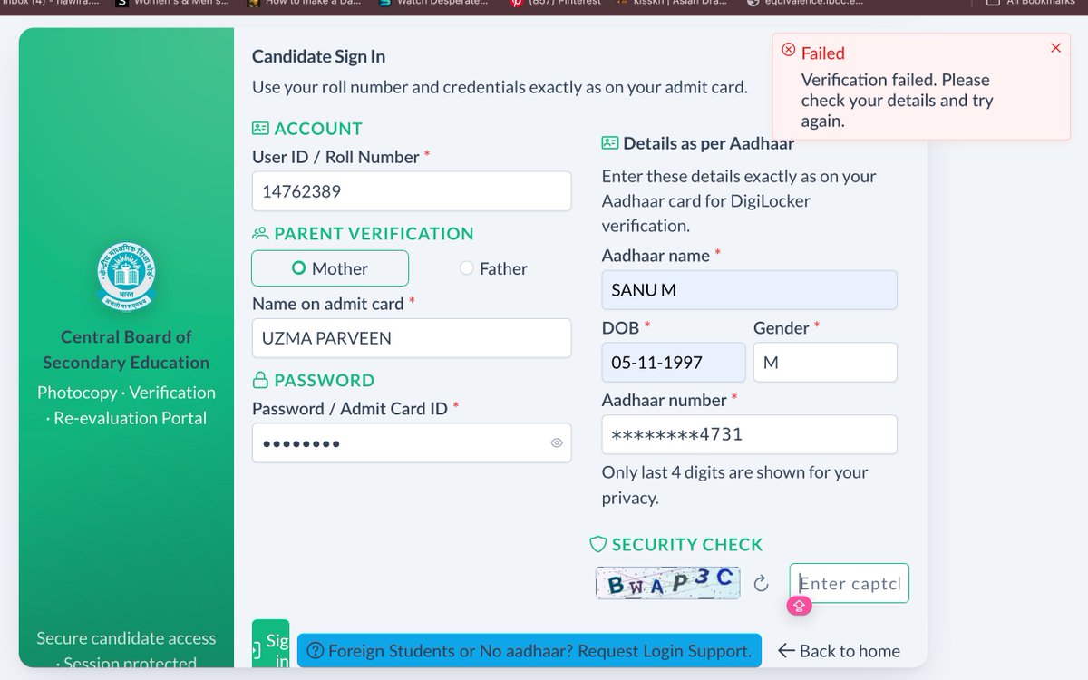 nzziess's tweet photo. I am a foreign student trying to apply for revaluation and used a friends adhaar card as per cbse's instructions however it still says verification failed, either remove the adhaar card credential or help me resolve this issue, ive trie two different adhaar cards. @cbseindia29 https://t.co/dXtwNzPvak