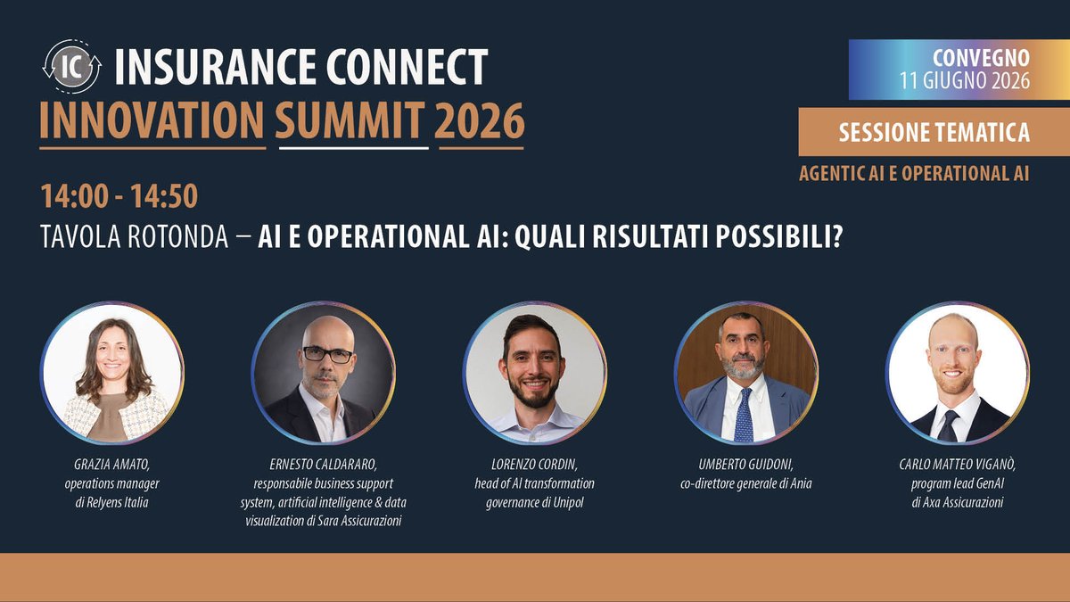 InsuranceTrade's tweet photo. L’11 giugno si terrà a Milano l’#ICInnovationSummit2026, il convegno dedicato all’#innovazione organizzato da Insurance Connect. Il pomeriggio sarà aperto dalla Tavola rotonda dal titolo “AI e operational AI: quali risultati possibili?”. Clicca qui: https://t.co/yBXlw2rCqR https://t.co/pOWe4CEYKj
