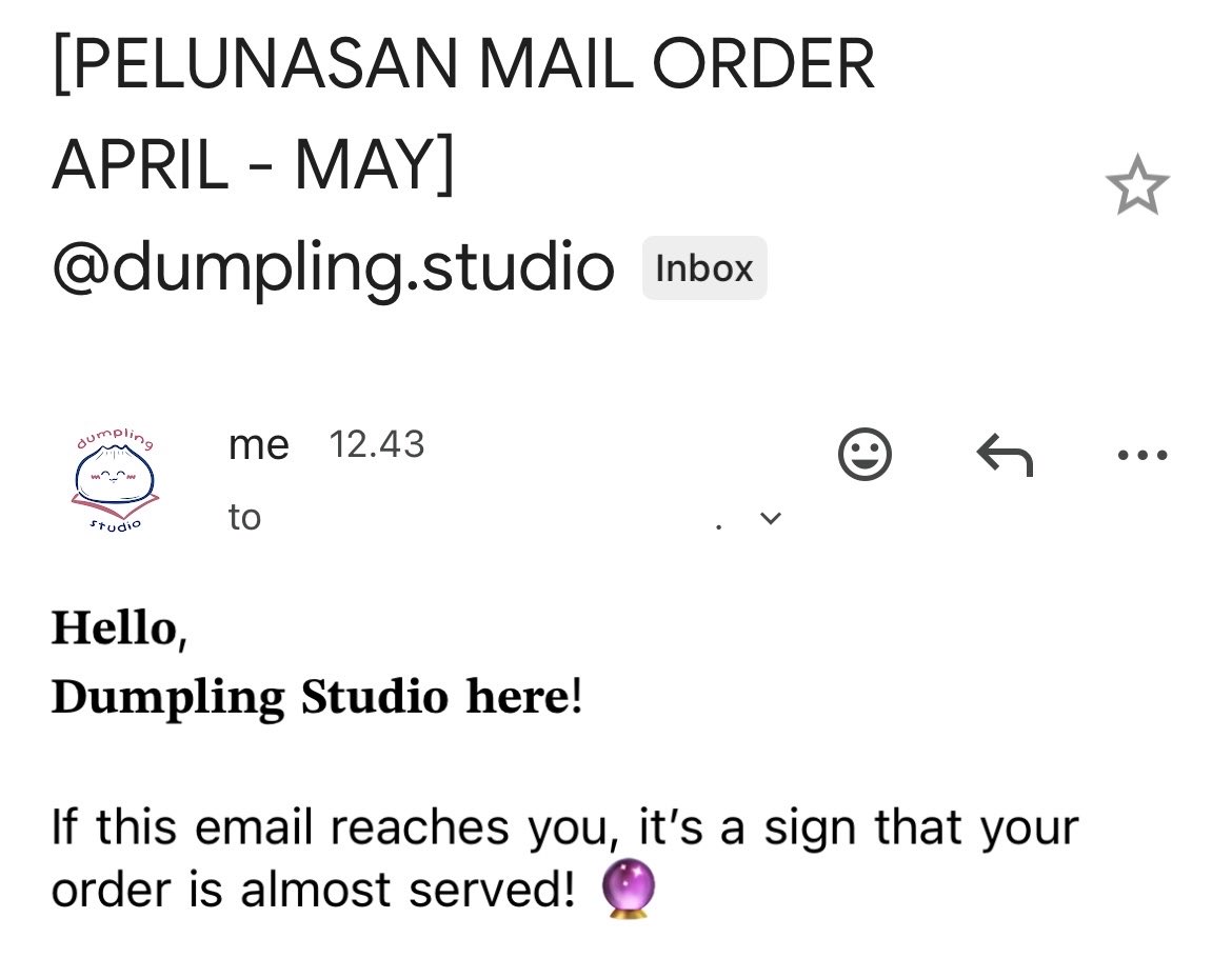 wanderstruck__'s tweet photo. HELLOWWW WARGA WARGIII PELUNASAN MAIL ORDER @dumplingstudio is hereeee, kindly check your email yesss 💌 ⸜(｡˃ ᵕ ˂ )⸝♡ https://t.co/6HEKPYswoe