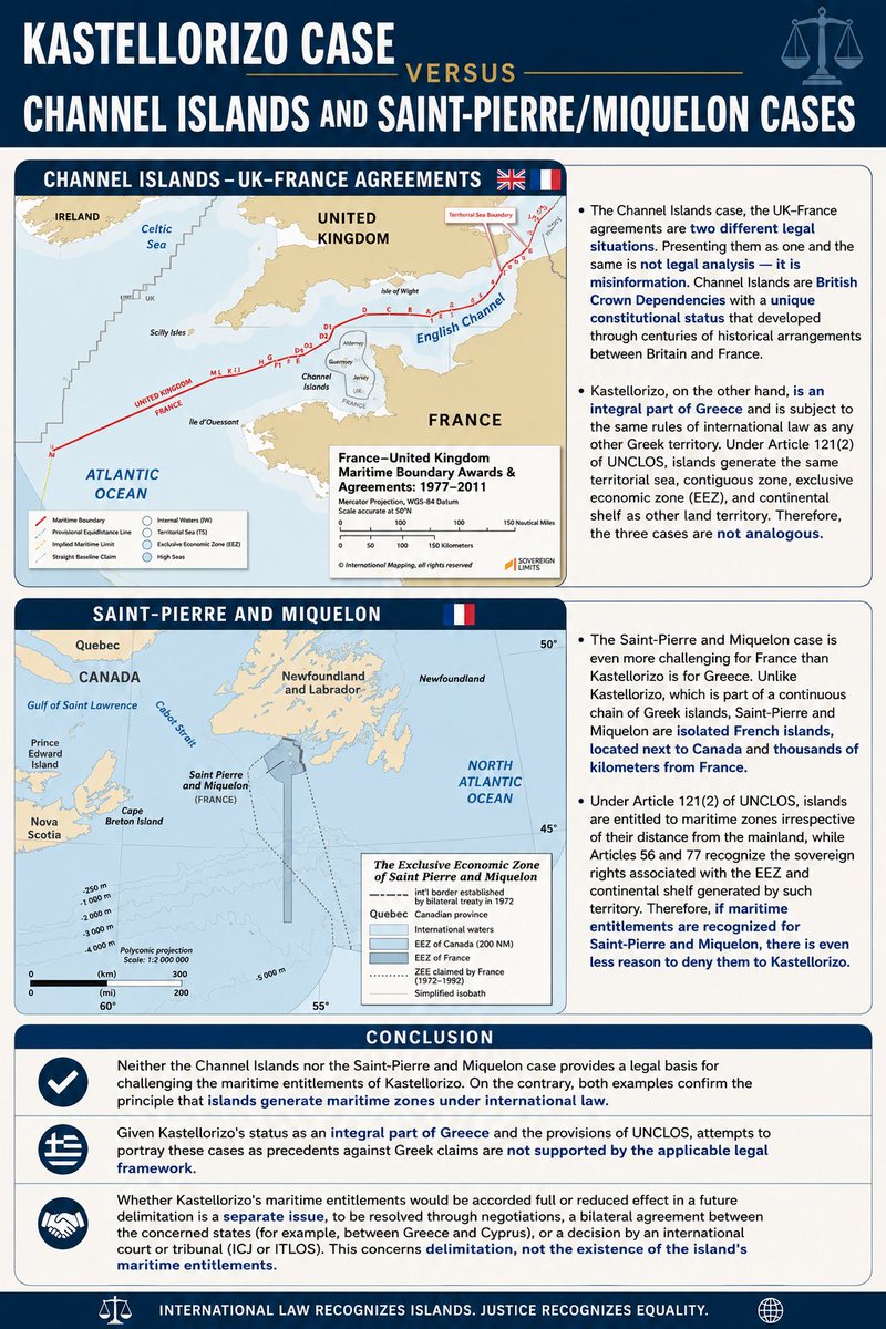 Makedon_Akritas's tweet photo. #Turkey use the cases of the Channel Islands &amp; Saint-Pierre and Miquelon - in its own way - as arguments that #Kastellorizo ​​does not generate maritime zones.
But both cases , under international law(#UNCLOS, #ISJ, #ITLOS) confirm that islands generate maritime zones. https://t.co/LhwFsxEQn8