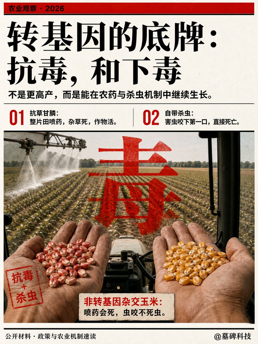 mubeitech's tweet photo. 一位美国老农在田里掀了转基因的底牌：它的基因改造根本不是为了提高产量，只为了干两件事：抗毒，和下毒。

第一件事，抗草甘膦除草剂（Roundup）。
农民为了除草，会在整片田里无差别喷洒除草剂。
转基因作物被修改了基因，变成了这片毒雨里唯一死不掉的植物。
只要一喷完，杂草死绝，唯独它接着长。

第二件事，自带杀虫功能。
飞蛾在棉花或玉米上产卵，孵化出极微小的虫子。
虫子只要张嘴咬下第一口，就会直接毙命。
因为这些作物的基因里，已经植入了专门针对害虫的致命物质。

老农随后摊开手里的另一把种子。
这是他正在种的非转基因杂交玉米。
区别极其直观：给这种玉米喷除草剂，玉米会死。
虫子来咬它一口，虫子不会死。

所谓的转基因技术，是工业化大规模种植的产物，一套为了能直接泡在农药和毒素里生长而量身定制的生存系统。