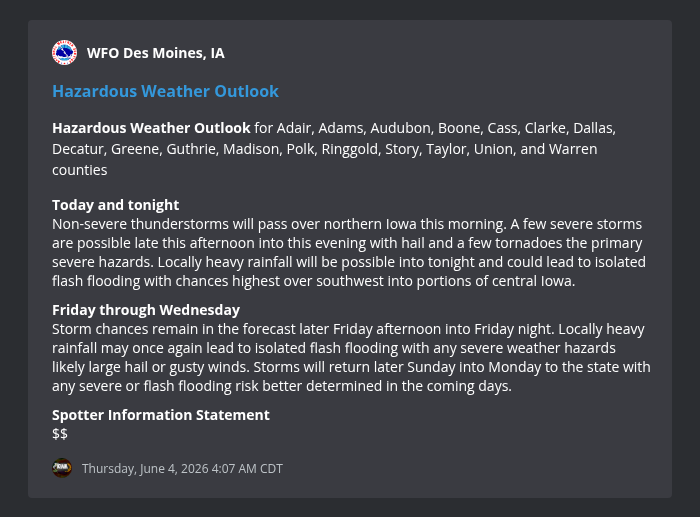 IowaWXNetwork's tweet photo. WFO Des Moines, IA issues Hazardous Weather Outlook for 17 counties https://t.co/jg7yM6Wn1M #iawx https://t.co/rfY6YwzcDX