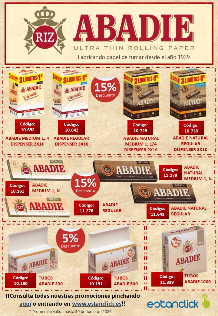 estanclick's tweet photo. Descuentos en Abadie, siempre desde la 1ª cajita para que cada estanco compre solo lo que necesite. ¡¡Abadie, fabricando papel de fumar desde 1939!! https://t.co/cKYfd3M3Jh https://t.co/J2m9TYrJ5L