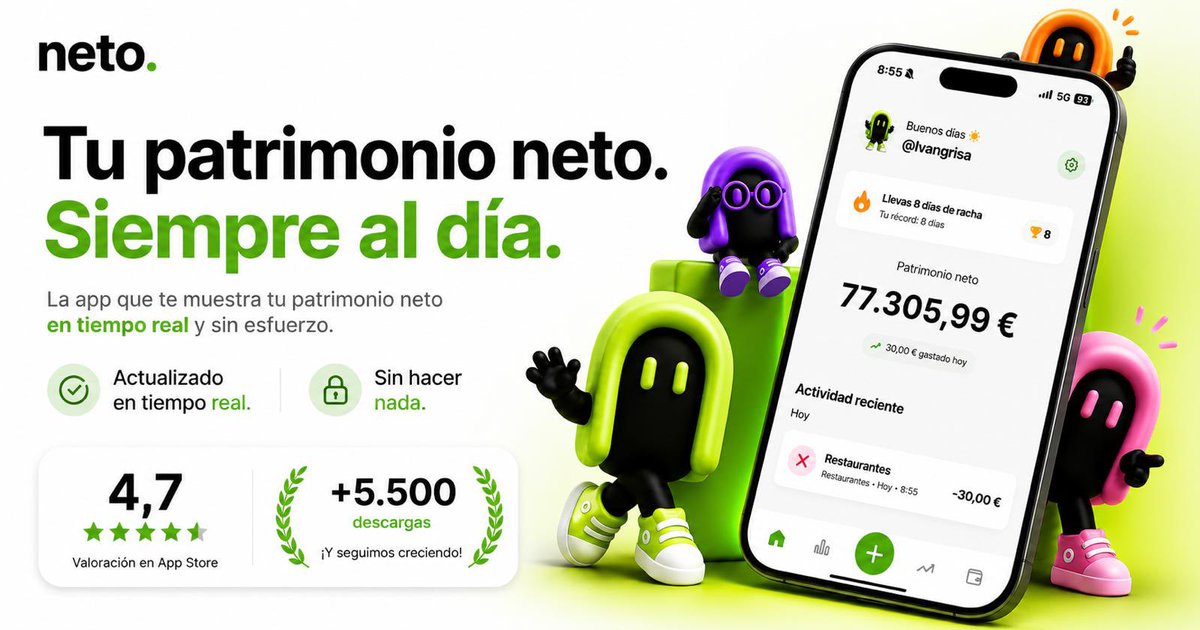 jotafinance's tweet photo. Si controlas tus finanzas con un Excel, estás perdiendo el tiempo 😅

Y te lo dice alguien que lleva años haciéndolo

Tengo un Excel donde apunto mis gastos, ingresos, inversiones y patrimonio

El problema es que nunca está actualizado

Cada movimiento hay que apuntarlo a mano, cada vez que quieres saber cuánto patrimonio tienes, toca entrar en varios bancos y brokers, actualizar cada precio…

Y al final pasa lo de siempre, lo usas durante unas, te da pereza actualizarlo y pierdes tiempo

Hasta que me di cuenta de algo 🤔

¿Por qué seguimos gestionando nuestras finanzas como si estuviéramos en 2010?

Buscaba una forma sencilla de ver todas mis finanzas de un vistazo, poder registrar un gasto en segundos, establecer objetivos, y presupuestos

Y sobre todo olvidarme de actualizar hojas de cálculo constantemente

Por eso nace @neto_app ✅

Neto es una app para gestionar tus finanzas personales donde cada movimiento actualiza automáticamente tus cuentas y tu patrimonio

Puedes registrar gastos con un toque, escanear recibos, crear presupuestos y seguir tu progreso financiero sin complicarte la vida

La versión anterior superó las 5.000 descargas y hoy lanzamos oficialmente la nueva versión con un rebranding completo

Te dejo el enlace en el siguiente tuit👇🏼
