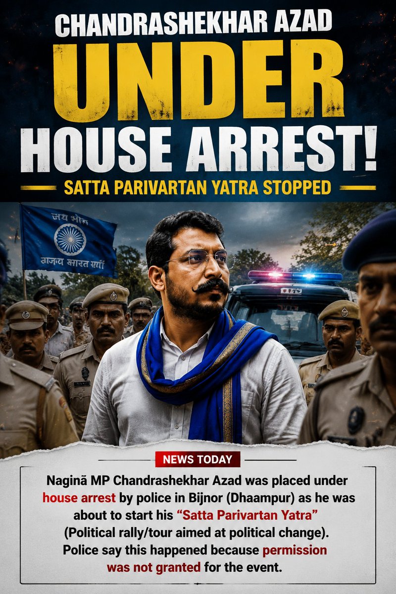 Ashoka_Dispatch's tweet photo. Chandrashekhar Azad, Azad Samaj Party chief, has been placed under house arrest in Bijnor as he was about to start his “Satta Parivartan Yatra”. Police said permission was not granted for the event.
#ReleaseChandraShekharAzad #ChandrashekharAzad #SattaParivartanYatra 
@BhimArmyChief