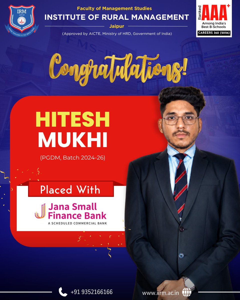 fmsirm's tweet photo. Congratulations to Hitesh Mukhi (PGDM 2024–26) for securing placement with Jana Small Finance Bank. We are proud of your achievement and look forward to your future accomplishments.

#FMSIRM #IRMJaipur #ProudMoment #StudentAchievement #PlacementSuccess #FMSIRM #IIRM #bschool https://t.co/HutD1IXuy8