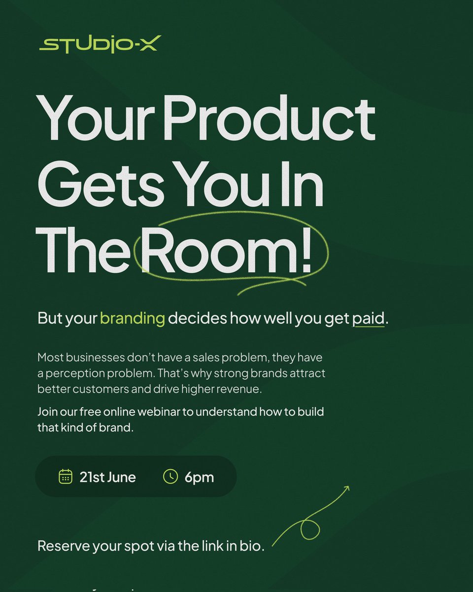 studioxhub's tweet photo. If you want premium clients to pay your worth without a fight, you have to fix how they see you.
Let's break down exactly how to do that. Join our free live webinar on June 21st at 6 PM.
Click the link to lock in your free spot: https://t.co/lNxueaTYIk

#brand #founders #startup https://t.co/vutGQusGVp