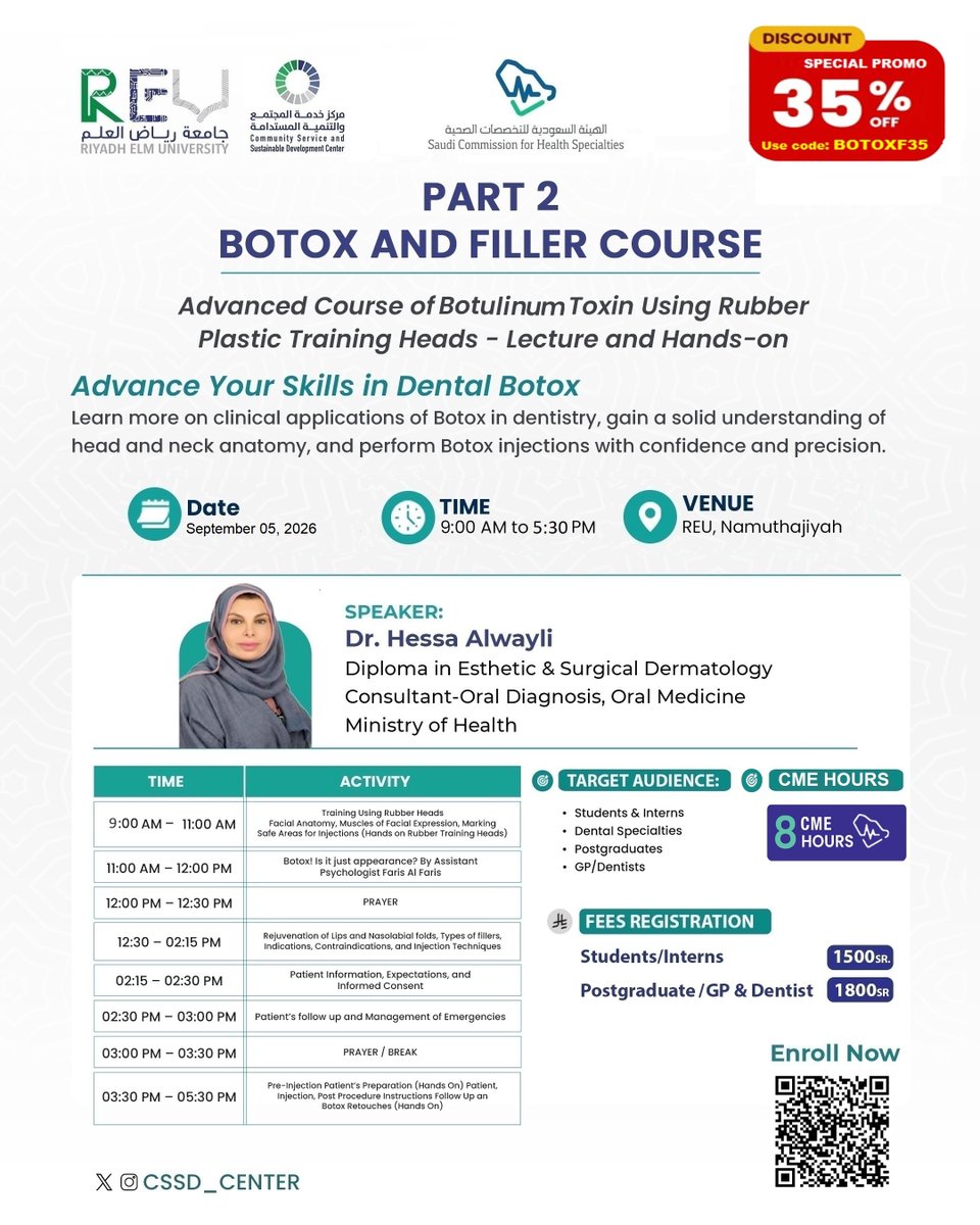 CSSD_Center's tweet photo. 🚀 Take your Botox skills from theory to practice!

Our Advanced Botox & Filler Course delivers hands-on training using rubber training heads, helping you master facial anatomy, injection techniques, patient assessment, filler applications, and complication management with confidence.

📅 September 5, 2026
🕘 9:00 AM – 5:30 PM
👐 Hands-On Training
✅ 8 CME Hours
🔥 35% OFF with code BOTOXF35
🔗 Register now: https://t.co/cdQWGXNLd6

Secure your seat and advance your expertise in dental aesthetics.