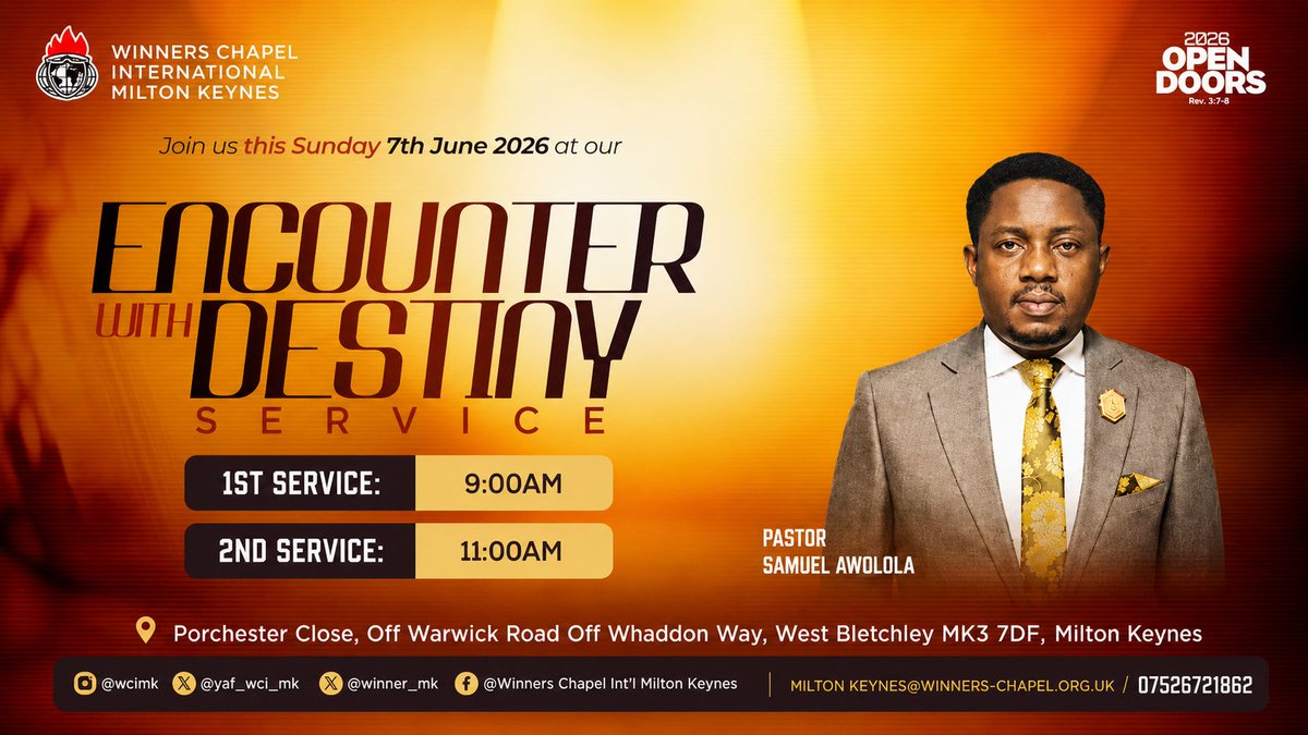 Winners_MK's tweet photo. ENCOUNTER WITH DESTINY SERVICE

There comes a moment in life when one encounter with God changes everything.
. 
This Sundayis your appointed time for a divine encounter with destiny. 

 #MiltonKeynesChurch #SundayService
#liberationmandate
#WCIMK

https://t.co/FwvyHwBRk6 https://t.co/WeZBRSJw4a