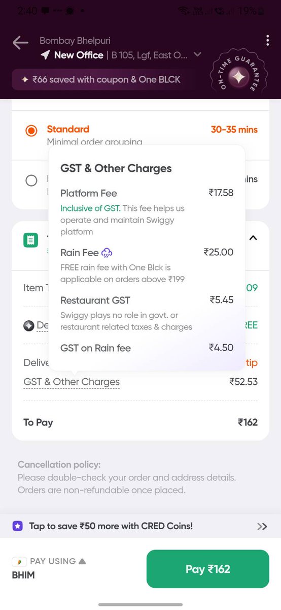 Sumit_Nagpal's tweet photo. Can anyone from @Swiggy explan why customers are being aseked to pay #RainFee when there is no rain? And I have to pay #GST on Rain Fee. Will someone look into the kind of #loot which is happening? This is insane! https://t.co/Fn1QWHrj1S