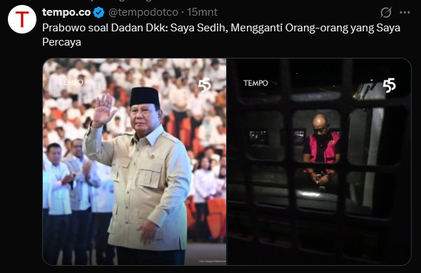 ferrykoto's tweet photo. Kemarin saat WA-an dengan kawan, seorang yang duduk di Kabinet, seperti biasa saya tembak langsung saja "Masih banyak yang jujur, kompeten, koq milih orang seperti itu. Bapak salah pilih orang,"

"Ndak bisa begitu juga bang, ada orang (yang awalnya) baik, tapi saat menjabat keblinger," kata beliau.

Saya agak tercenung juga, "iya juga, siapa sangka orang seperti Dadan, yang demikian dipercaya, loyal, kerjanya selama ikut bapak baik dan jujur, bisa terjerumus". 

Pak Lodewyk Pusung, anak buah langsung pak Prabowo saat di Detasemen 81 (Sat-81/Gultor) Kopassus, loyal, bahkan diberikan kenaikan pangkat kehormataan jadi Letjen, bisa mempermalukan Pak Prabowo setelah diberikan kehormatan demikian besar.

"Orang itu bisa jadi memang baik awalnya, tapi begitu handle uang Triliunan, banyak godaan," lanjut kawan ini.

"Iya juga, mungkin hanya saya yang ndak akan tergoda Triliunan, 😂" tulis saya, tapi ndak jadi saya send, mempertimbangkan beliau pasti sedih juga atas apa yang dialami Pak Prabowo, akibat perbuatan orang kepercayaannya.

Sebelum menutup pembicaraan kemarin, saya sempat katakan "Bapak orang baik, terlalu mudah percaya orang, sehingga mudah terperdaya."

Sekedar share.... memang jadi Pemimpin, apalagi pemimpin Negara, tidak mudah. Dan meletakkan kepercayaan pada orang yang sudah dikenal baik pun, dengan catatan emas sekali pun, tak ada jaminan tidak akan tergoda saat menjabat.

Sehat sehat Pak Prabowo, semoga ndak ada lagi yang berkhianat atas amanah yang diberikan.

Salam
FK