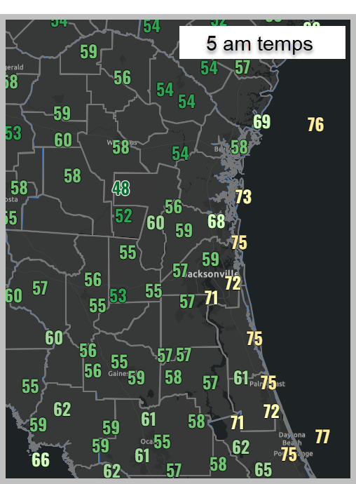 NWSJacksonville's tweet photo. Record low temperatures this morning. Lows in the mid to upper 50s inland. Much warmer at the coast in the mid 70s for some areas at the coast due to onshore winds. The 5 am temps noted below at area locations. $flwx #gawx #jaxwx https://t.co/Dr2dDbs2qu