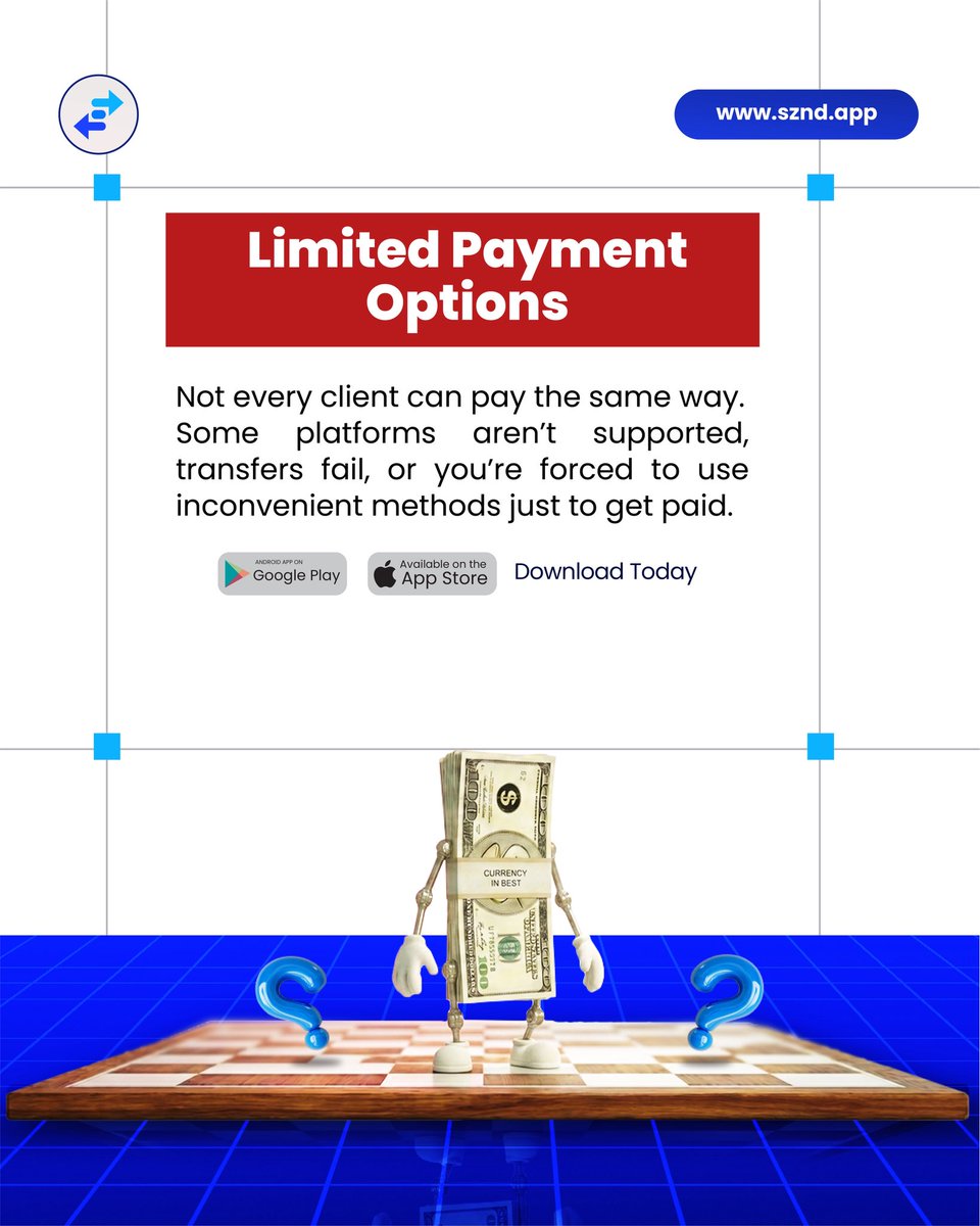 SzndApp's tweet photo. Too many freelancers are still dealing with limited payment options, hidden fees that quietly eat into earnings, and delayed transfers that turn “paid” into “waiting.”

At Sznd, we believe your money should move as fast as you do, transparent, seamless, and without stress. https://t.co/JbfWCIKvvw